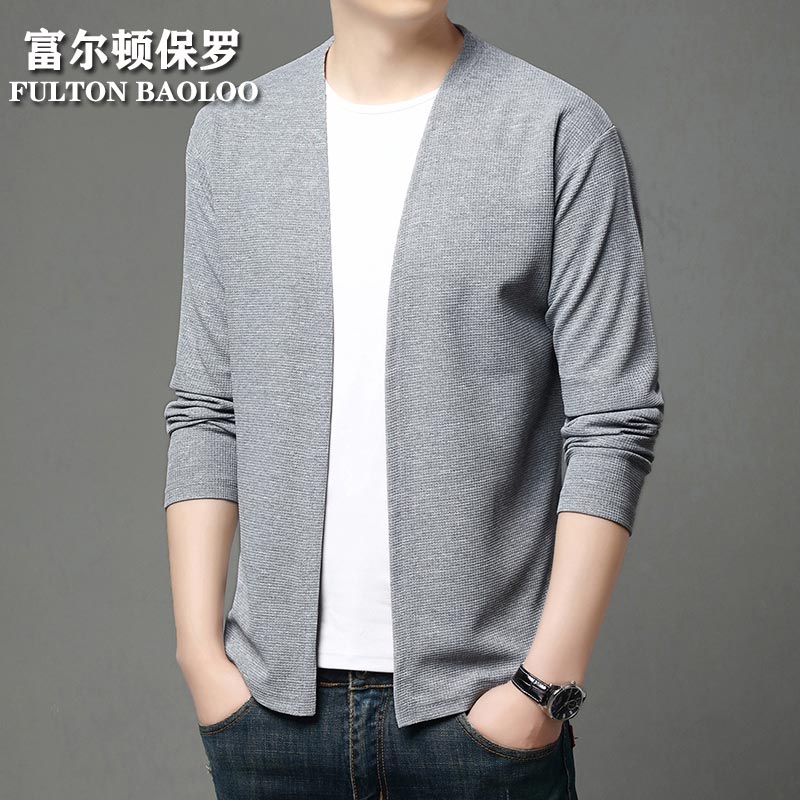 FULTON BAOLOO 富尔顿保罗男士开衫2025年春秋季纯色简约外套男装中青年时尚休闲百搭毛衣服 亚麻灰 L (170) (建议120到140斤穿)