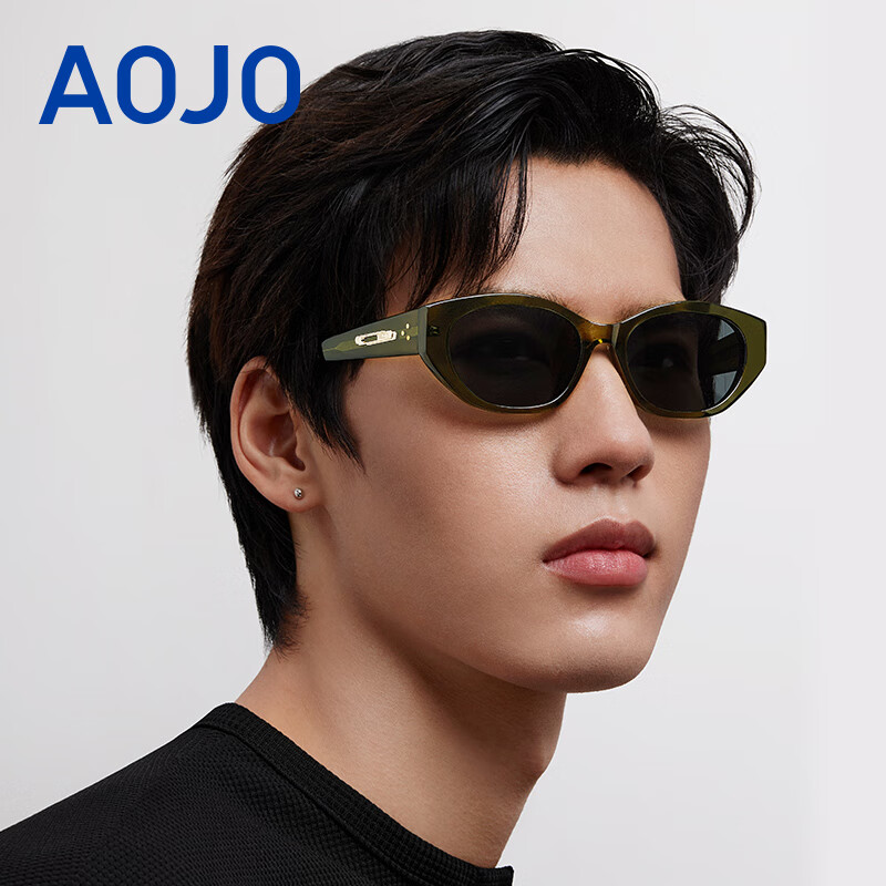 aojo太阳镜 复古美式猫眼小框 偏光墨镜 遮阳防紫外线SM202出游驾驶镜 C1黑色+单灰