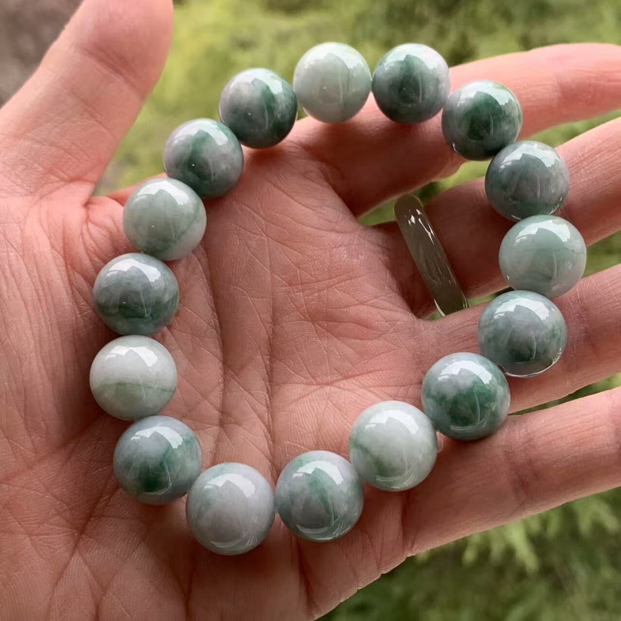 玉乐福缅甸玉缅甸天然a货乌鸡手串灰色手串绿飘花一线天圆珠手串13
