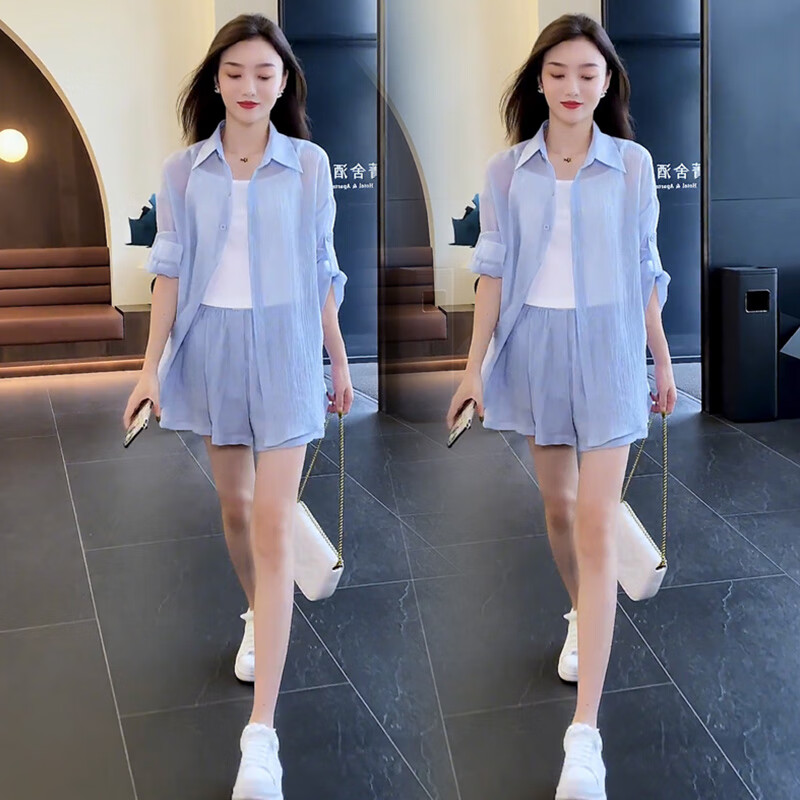 尤柯鳥 YOEKBIRD時(shí)尚防曬襯衣套裝女夏季2025新款時(shí)尚洋氣防曬襯衫闊腿短褲兩件套 藍(lán)色 L