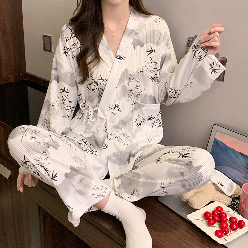 婧麒（JOYNCLEON）春秋新款家居服女士睡衣宽松长袖家居长裤舒适透气开衫套装 国风墨竹 XXL码