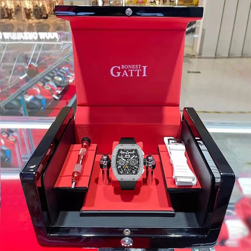 布加迪(BONEST GATTI)德国全自动机械手表镂空商务运动男士腕表情人节生日礼物送男友 BG5004-R1银壳黑面黑胶带 44mm