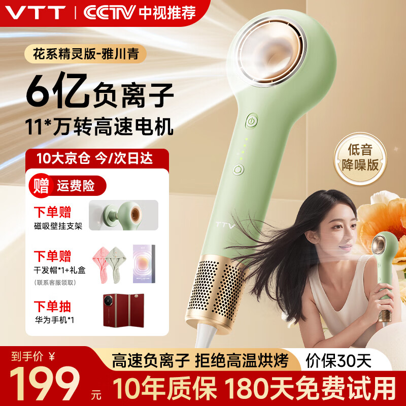 VTT【德国】高速吹风机【送礼精选】家用静音负离子大功率不伤发电吹风大风力低噪音专业造型吹风筒 【花间精灵版】雅川青礼盒装