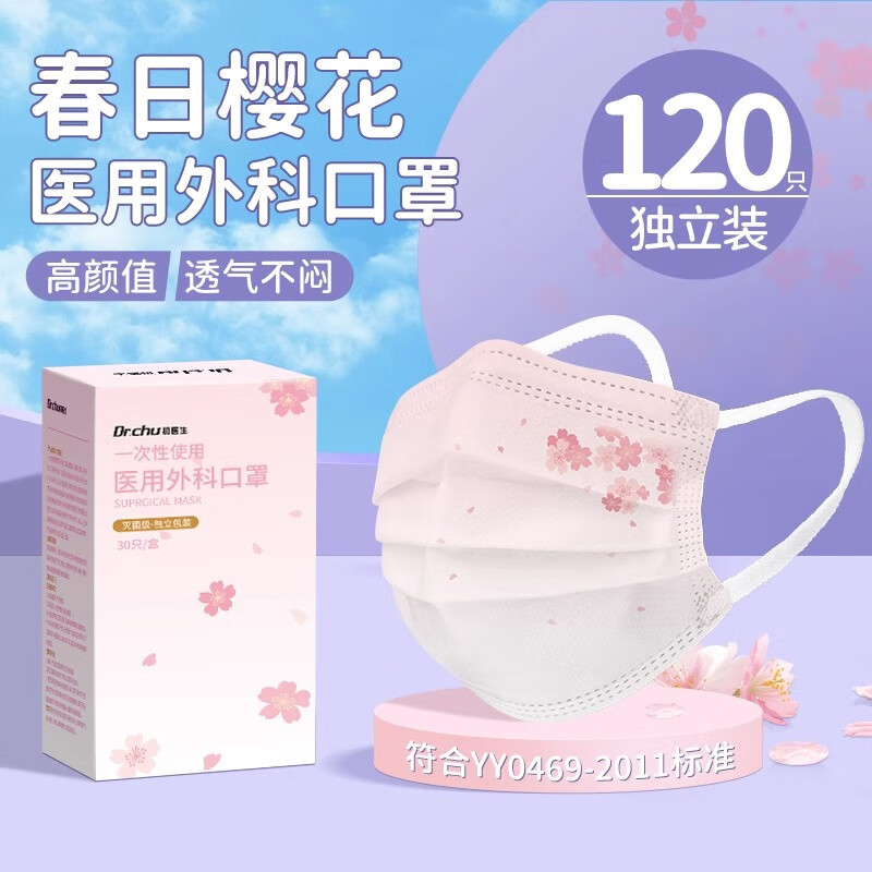 DR.CHU 初医生医用外科口罩一次性医疗灭菌级成人女高颜值时尚蝶形新款单独包装 樱花落【高颜值显脸小】60只独立装