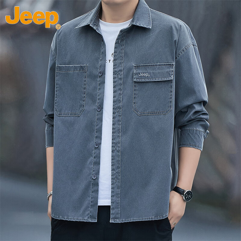 吉普(JEEP)美国正品Jeep高端美式工装衬衫男士春秋潮牌重磅宽松休闲衬衣外套 深灰色 【官方正品】 XL 推荐140-160斤