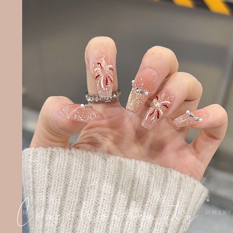 Albeville手工醒狮烟花2025年新款穿戴甲猫眼爱心短款精致美甲成品指甲贴片 法式猫眼爆闪烟花腮红 1件 长芭蕾 S码(适合70%人)