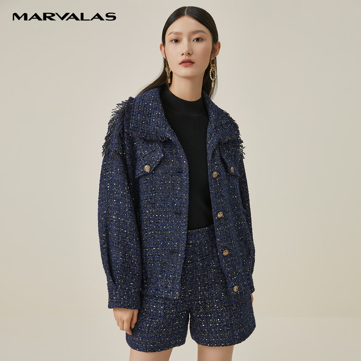曼德詩(shī)品牌藏藍(lán)色小香風(fēng)毛呢外套女2025春裝新款設(shè)計(jì)感外套粗花呢上衣 鈷藍(lán)色 藏藍(lán) S