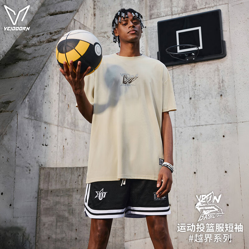 维动（VEIDOORN）越界短袖t恤男春夏款潮流大码透气圆领上衣青少年宽松短t网眼 卡其色 2XL