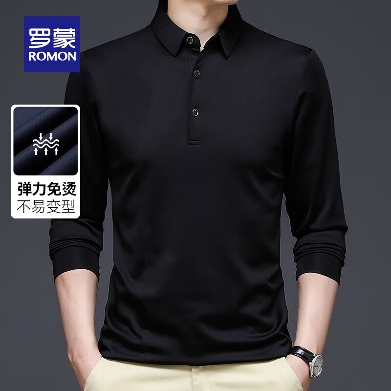 罗蒙(ROMON)长袖t恤男2025秋季新款纯色翻领Polo中青年男士商务休闲弹力T恤衫 黑色 S 165 (建议100-125斤)