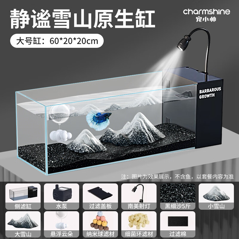 宠小帅超白鱼缸桌面玻璃缸侧滤鱼缸水族箱生态龟缸过滤制氧一体机溪流缸 静谧雪山原生缸【大号】
