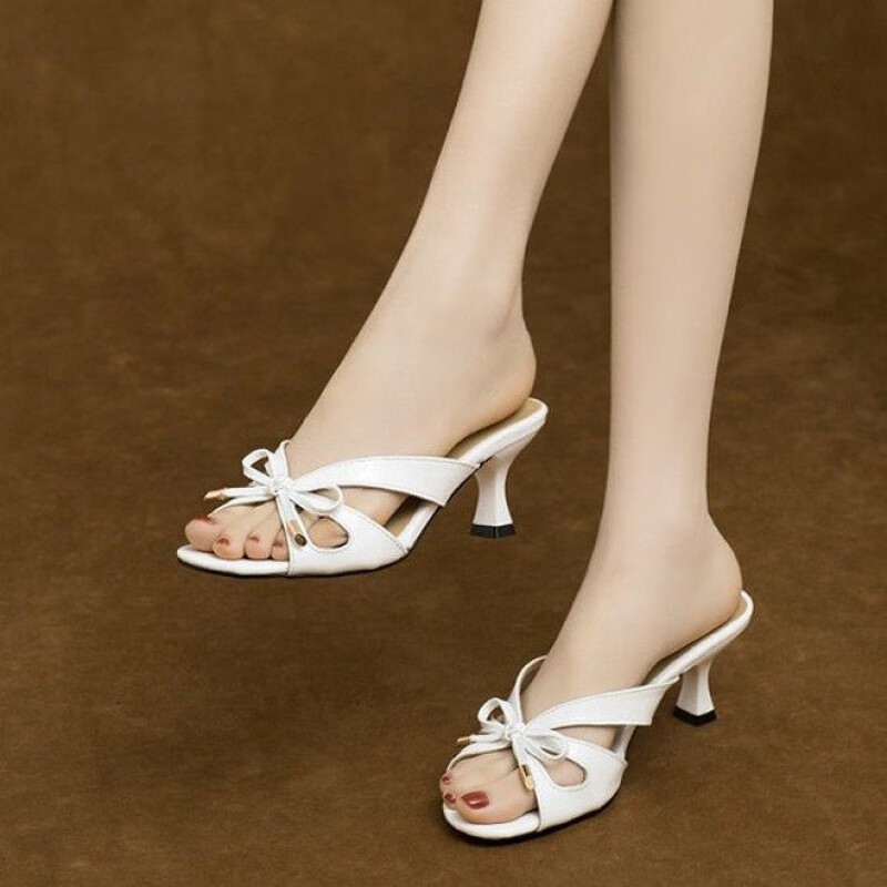 细高跟凉拖鞋女外穿气质高跟凉鞋女士夏季时尚细跟小跟鞋 白色 35