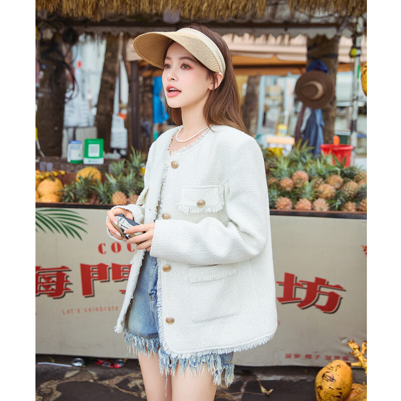 唐獅早春外套女小香風(fēng)法式白色2024春秋新款小個(gè)子氣質(zhì)女士上衣 米白 S