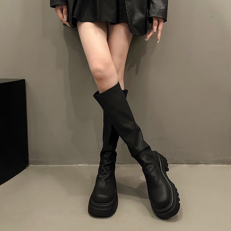 熱風(fēng)（Hotwind）熱風(fēng)厚底加絨長靴女2024秋冬顯瘦高筒靴不過膝小個子騎士靴堆堆靴 黑色 單里 35
