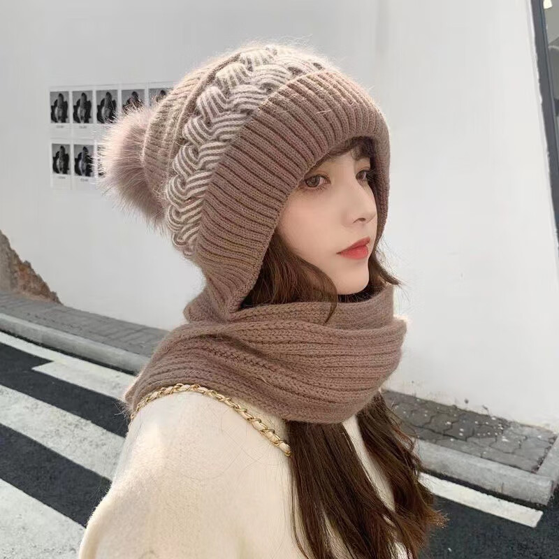 【直发】网红毛线帽女秋冬加绒帽子围巾一体帽加厚韩版百搭可爱护 白色(1条装)