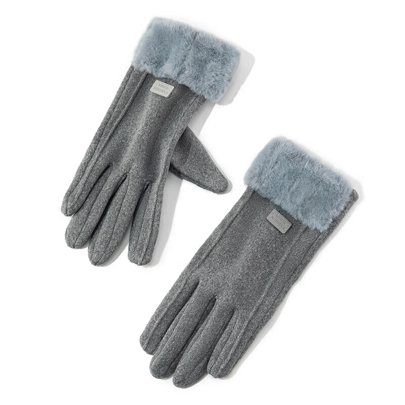 达芬奇密码 秋冬季开车可触屏加绒保暖防风防寒手套女 毛口 灰色 均码