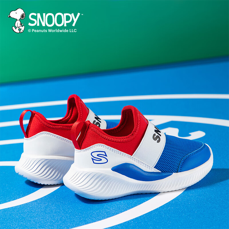 史努比(SNOOPY)童鞋男童跑步鞋透气网面舒适运动鞋春秋新款一脚蹬休闲鞋女 蓝/红 (春秋网布款) 30 码适合脚长17.8-18.3cm