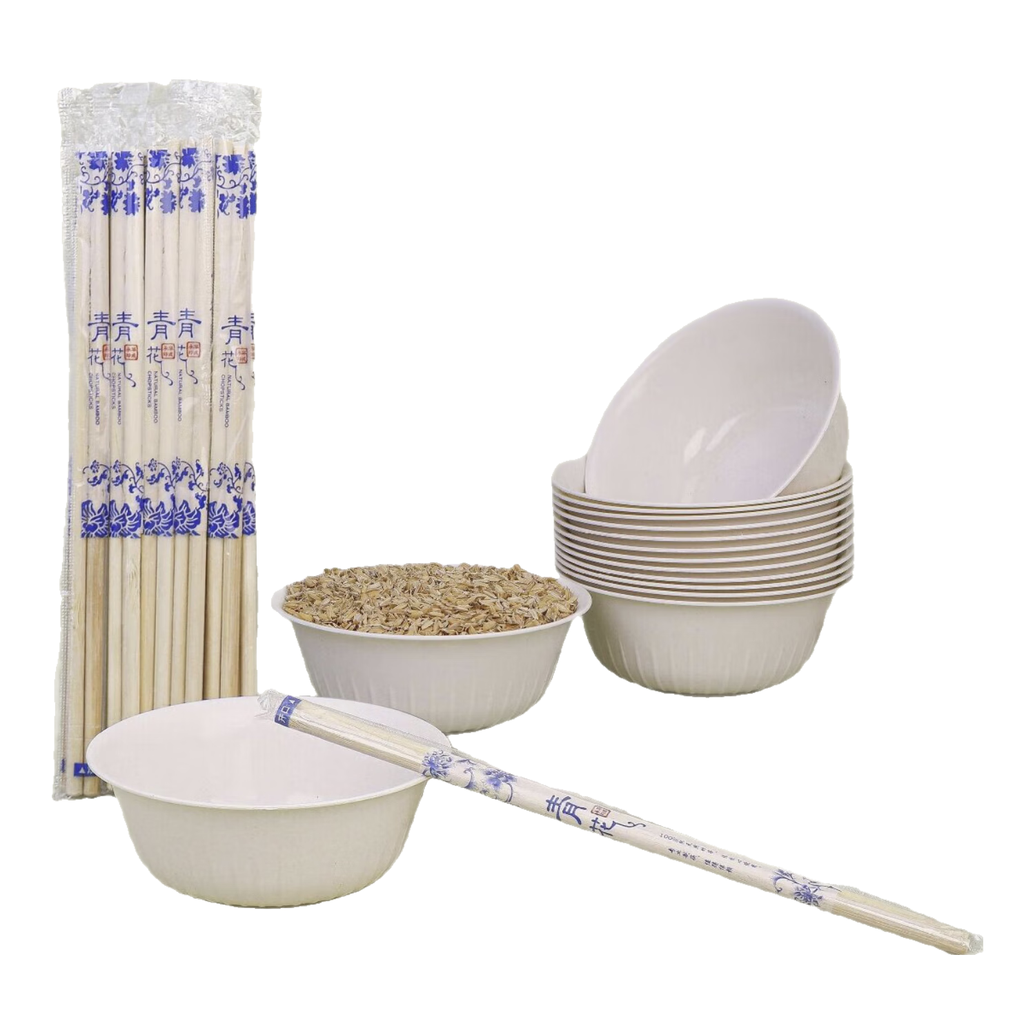 一次性稻壳餐具套装可降解碗筷杯碟勺子加厚免洗聚会野餐 【碗+筷子】各20个