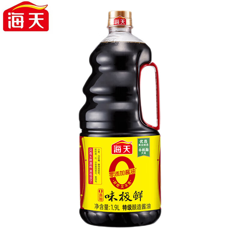 海天酱油0添加味极鲜750mL/1.9L零添加酱油特级生抽非转基因提鲜调味 0添加味极鲜酱油1.9L*1瓶