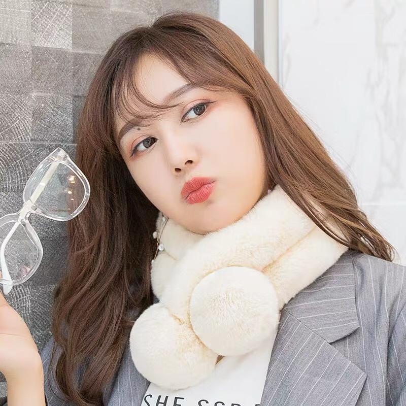 【精选】围巾女秋冬季新款皮草兔毛毛绒加厚保暖围脖纯色毛球交叉 米白色 长75*10CM