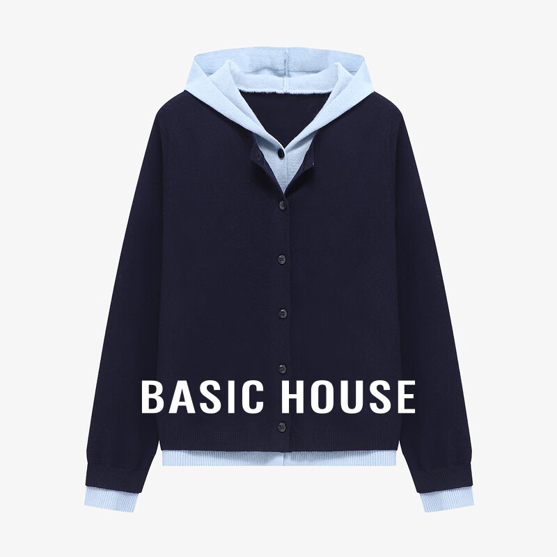 百家好（Basic House）2025春新款羊毛针织开衫女连帽假两件上衣外套设计感内搭打底衫 藏青 M