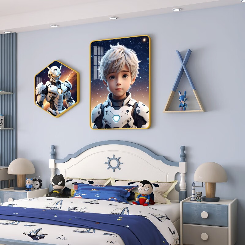 现代女孩儿童房装饰画男孩儿卧室床头挂画公主房间背景壁画免打孔 紫蝎战甲(蓝架子) PVC黑色(28寸)1.5-1.8米床