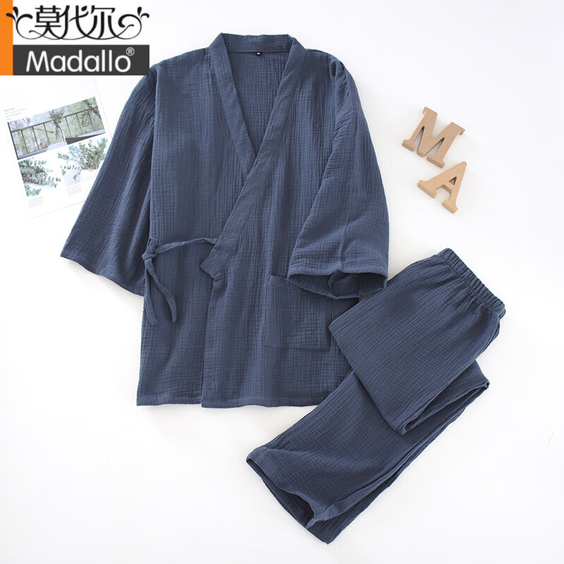 莫代爾睡衣男春秋薄款純棉雙層紗布和風青年日系全棉縐紗和服家居服套裝 灰青色 L