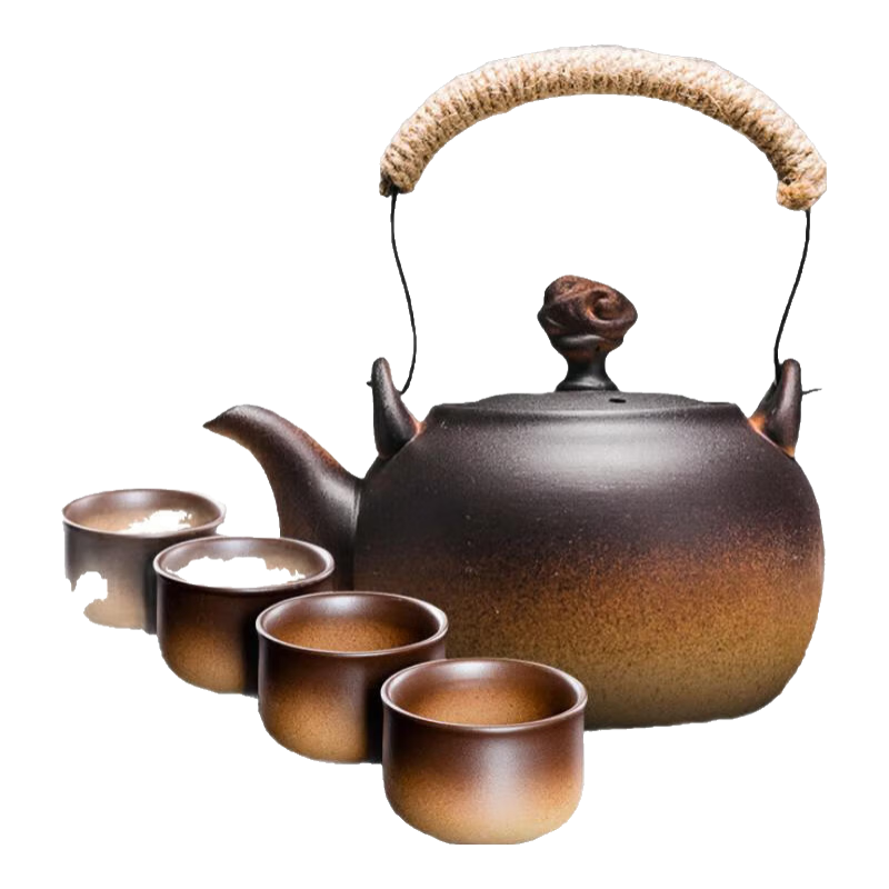 容山堂粗陶茶壺煮茶器茶具套裝泡茶壺?zé)畨仉娞諣t圍爐煮茶碳爐酒精爐 粗陶祥云鈕燒水壺品茗杯套裝-1