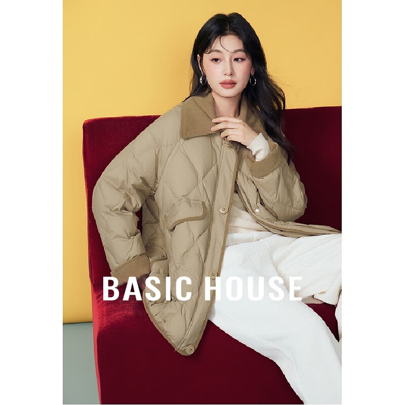 Basic House/百家好翻领拼接菱格外套冬季赫本风保暖短款羽绒服女 浅卡 M