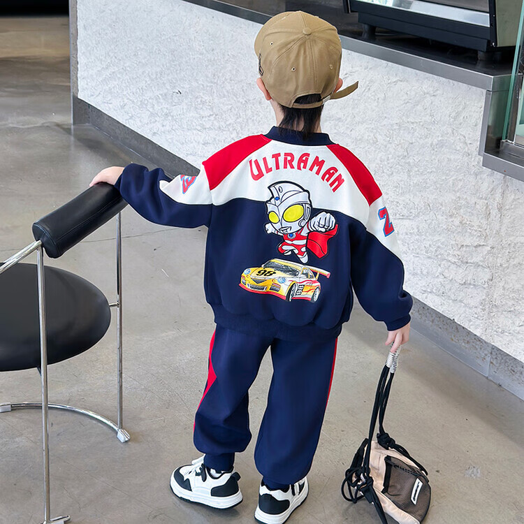 G.duck联名奥特曼衣服男童套装春秋2025新款拼接连帽儿童卫衣裤子两件套 奥特曼机车服藏青 110 （建议身高100cm 4-5岁）cm