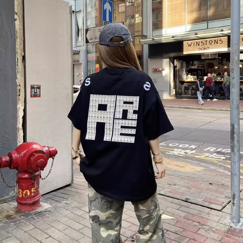 POUM美式街头刺绣短袖男夏季潮牌字母圆领t恤情侣运动五分半袖上衣 JXFS-W21藏青色 2XL