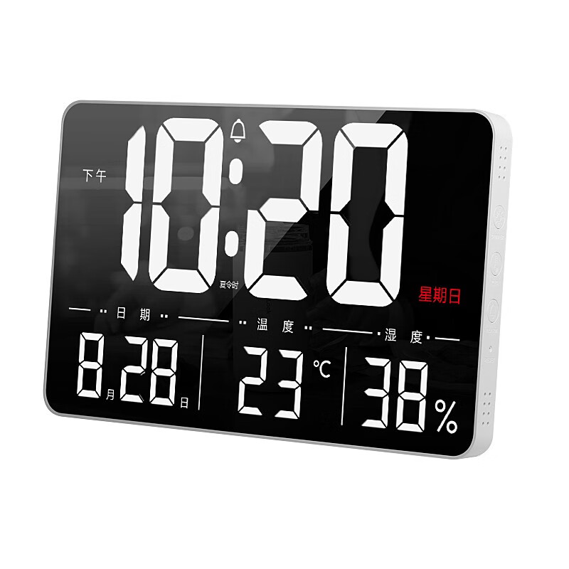 高清LED遥控大尺寸镜面挂钟 数字大屏简约电子钟挂13英寸时钟闹钟 白色