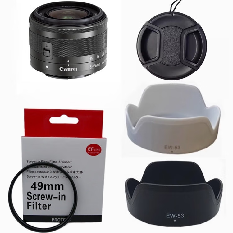 埠帝适用佳能 M50 R5 R7 R10 R100微单18-45 15-45镜头配件遮光罩UV镜 【黑色】遮光罩+UV镜+偏振镜+镜头盖 49mm