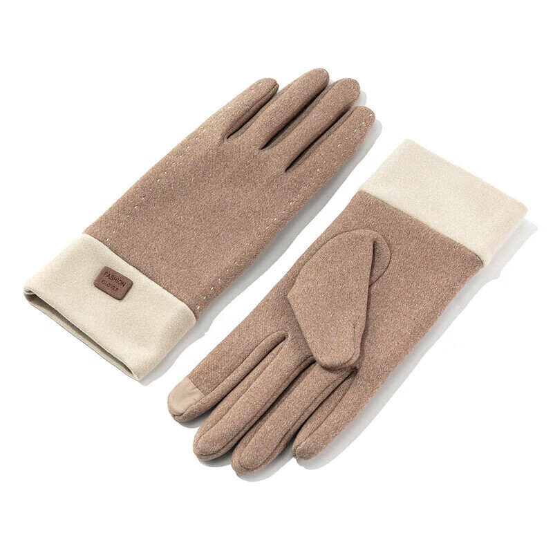 达芬奇密码 秋冬季开车可触屏加绒保暖防风防寒手套女 白线 卡其 均码