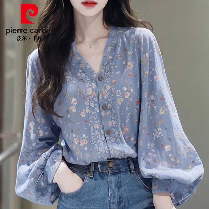 皮爾卡丹（pierre cardin）杭州真絲襯衫女士長袖碎花小衫2025早秋季新款桑蠶絲上衣 藍色碎花 L :【100-110斤】