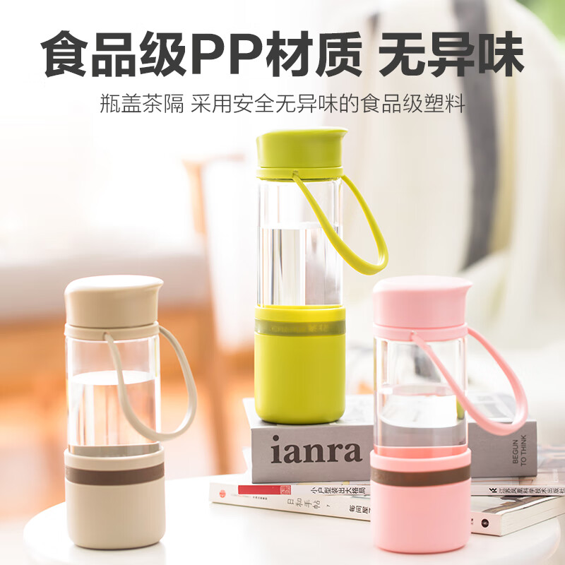 茶花 玻璃杯水杯杯子玻璃杯家用简约清新森系泡茶杯带盖便携女 绿色【400ml】