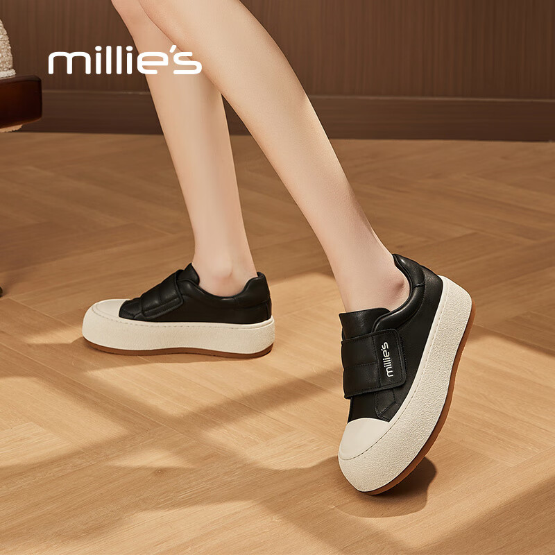妙丽板鞋女厚底魔术贴浅口小白鞋2025春季新款时尚休闲百搭 黑色 36 (230mm) 标准码