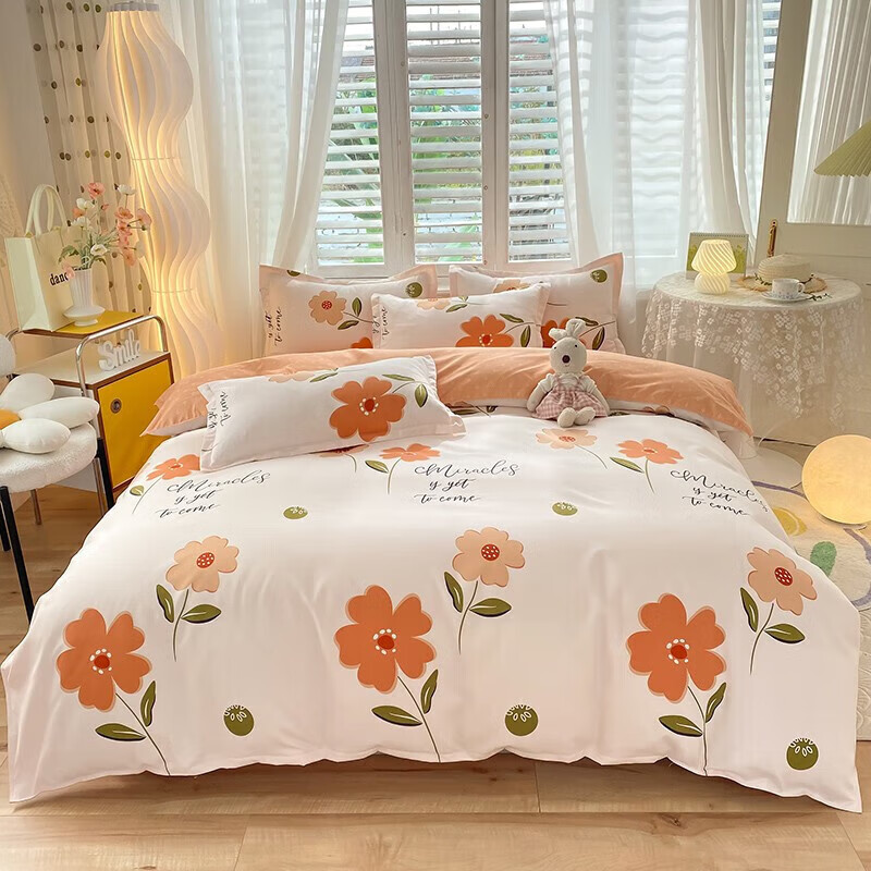 软贝 小清新四件套 透气亲肤 印花卡通简约田园套件被套床单床上用品 春晓 床单款 1.2m三件套(被套150*200cm