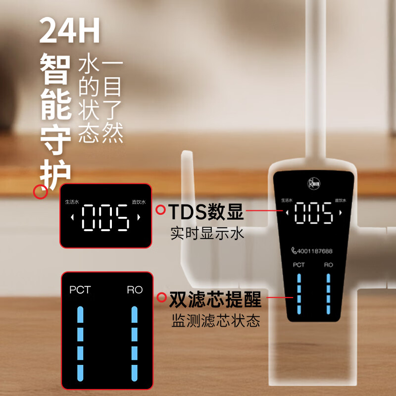 Rheem美国瑞美弱碱性水净水器1200G大通量直饮式RO反渗透母婴直饮机0陈水0阻垢剂 5年滤芯0费用【弱碱性净水器】
