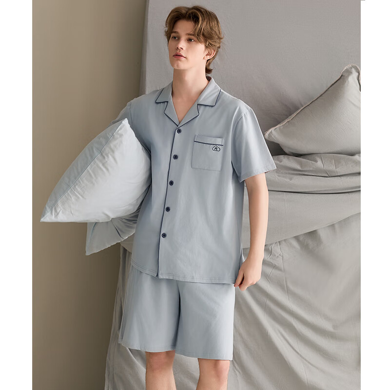 芬腾情侣睡衣夏季女士薄款纯棉短袖短裤套装男休闲大码全棉家居服 浅蓝【单男款】 XL 建议:女124-142,男146-165斤