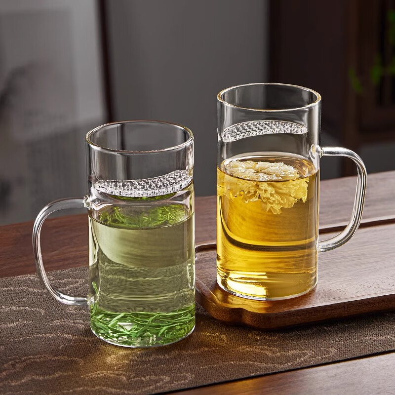 GIMAGIO月牙绿茶杯过滤茶水分离泡茶玻璃杯耐高温个人专用办公家用喝茶杯 透明色月牙杯300ml*6+杯架+托盘