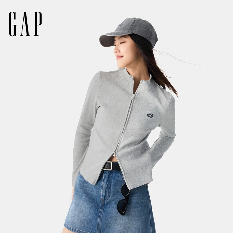 GAP女装2025春季新款刺绣logo拉链立领长袖上衣修身开衫729463 灰色 M 亚洲尺码