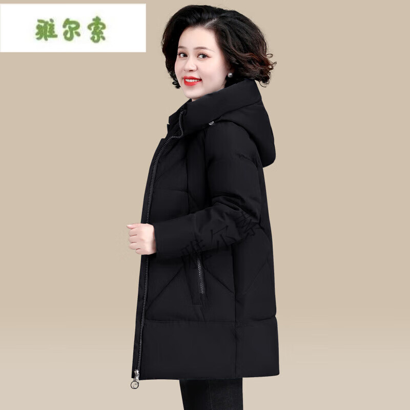 雅尔索棉衣女2025冬装新款女式大码中长款帽领棉袄外套女棉服 黑色 XL