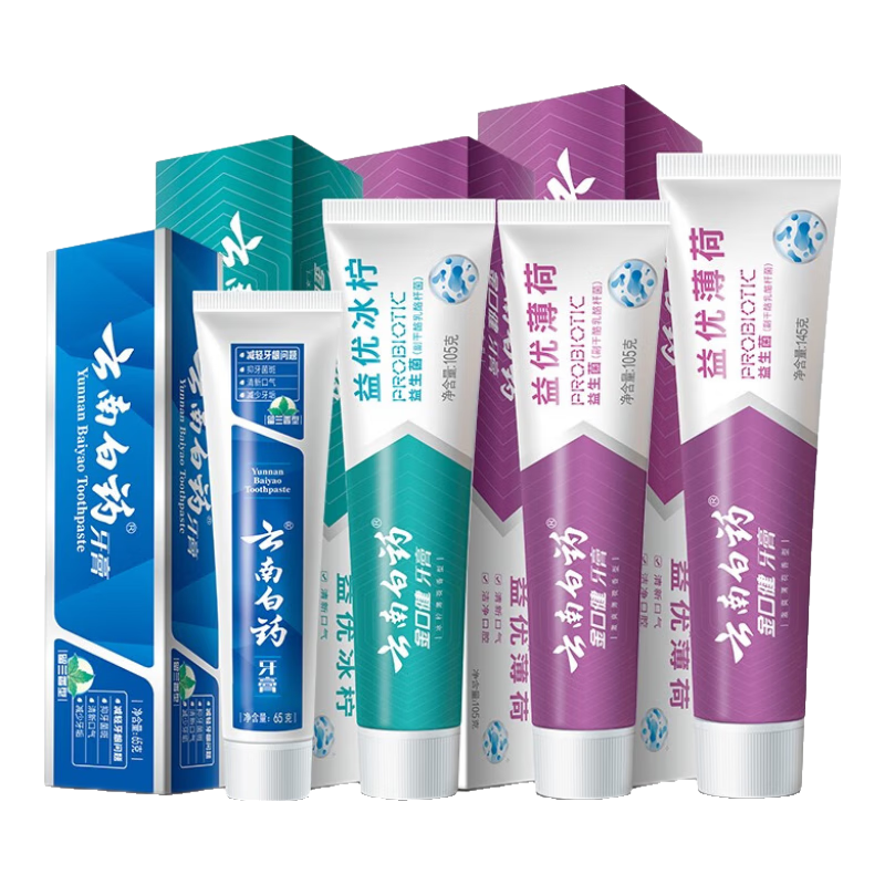 云南白藥益生菌系列牙膏清新套裝減輕口氣祛異味牙垢冰檸薄荷留蘭4支420g