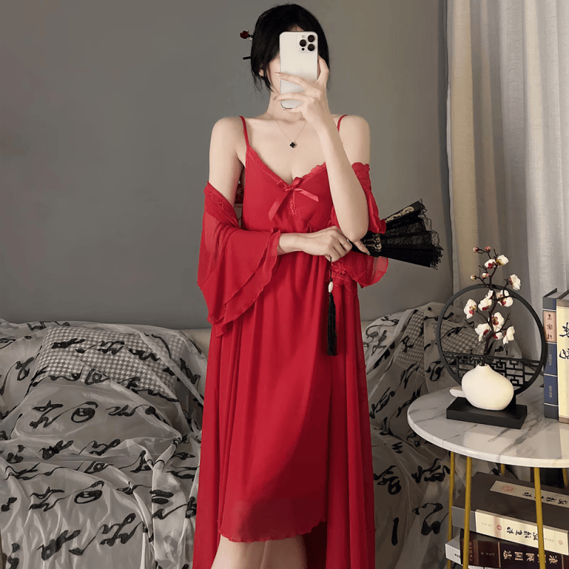 睡衣女性感吊带睡裙中长款莫代尔薄款纯欲风家居服套装带胸垫 红色 m