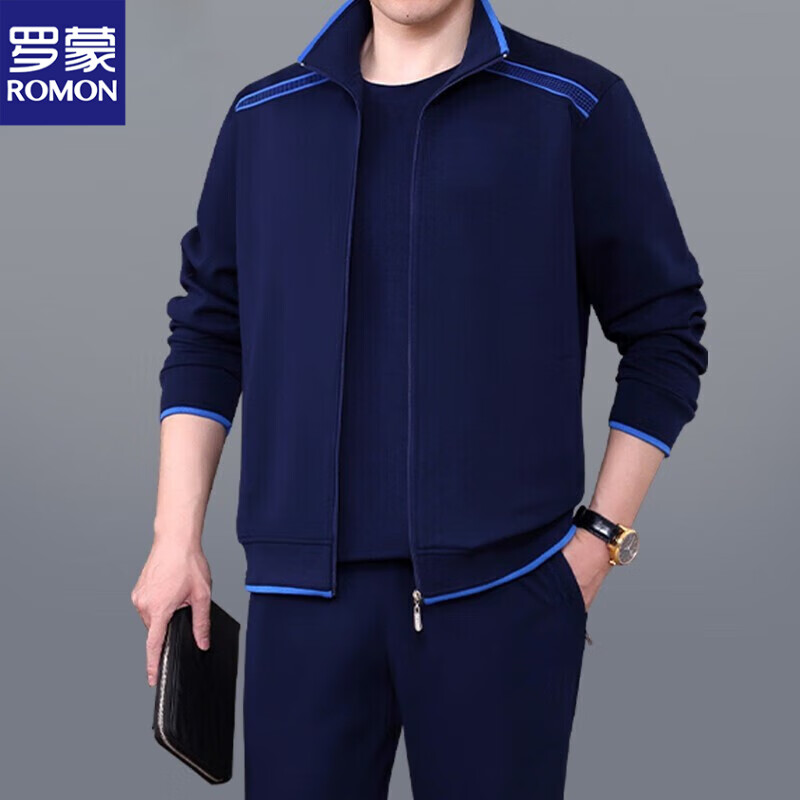 罗蒙(ROMON) 中老年运动套装男士三件套 秋冬季中年爸爸装棉质外套裤子运动服 29008黑色(三件套) XL(建议体重120-140斤)