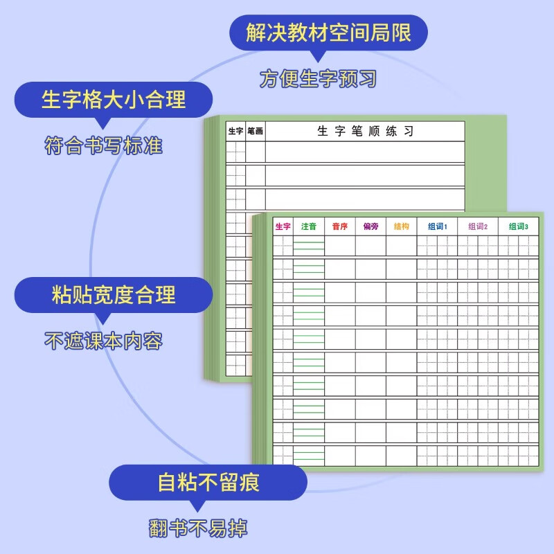 六品堂 小学生语文生字预习卡自粘一二三年级四五六通用上册下册生字表课前练习笔画训练单词卡片双面预习纸 【100张 15行田格自粘款】