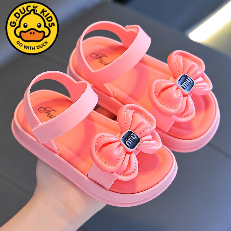 黄鸭夏季新款女童凉鞋中大童露趾公主鞋软底防滑沙滩女孩蝴蝶结 粉色