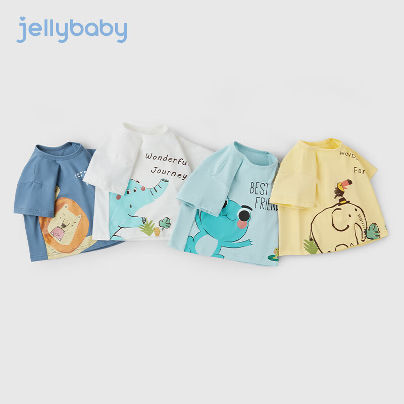 JELLYBABY女童t恤动物印花T恤夏季儿童短袖上衣男女童薄款衣服童装圆领上衣 灰蓝 90 CM