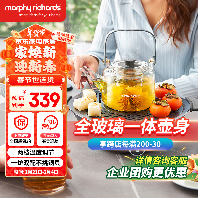 摩飞电器（Morphyrichards）全玻璃 养生壶 围炉煮茶电陶炉煮茶器煮茶炉多功能黑茶花茶泡茶蒸茶器不挑器具 0.65L MR6083