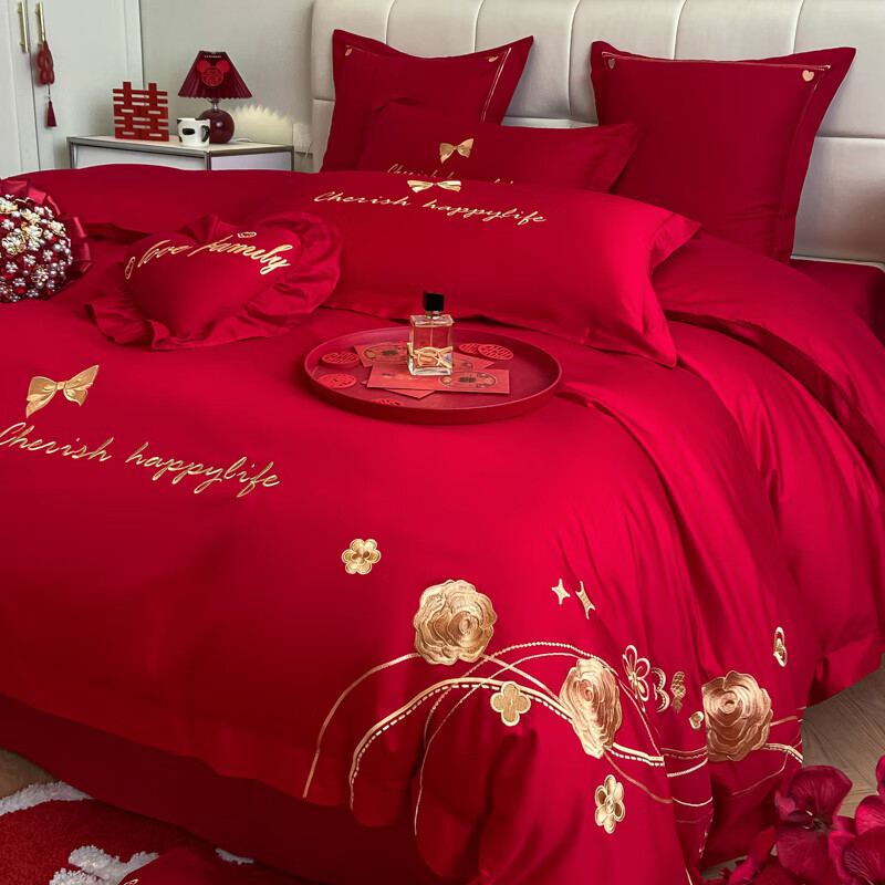 水星系列家纺结婚喜庆床上用品四件套婚庆纯棉全棉床单被套大红色喜被新婚嫁房 玫瑰 1.8床单款四件套【被套200X230】